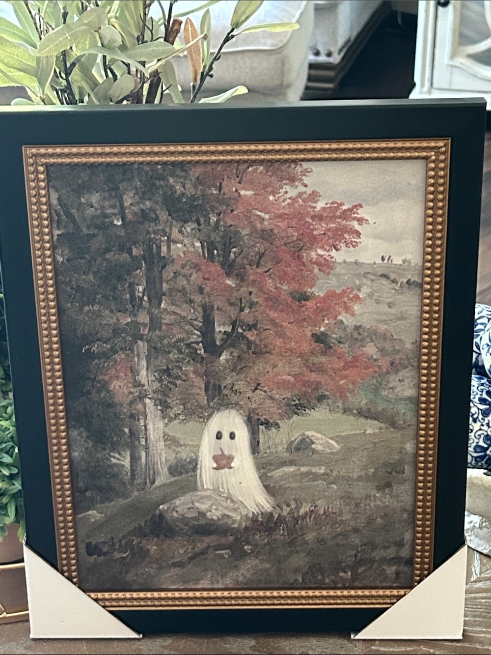 NEW! Vintage Inspired Black & Gold Framed Autumn Halloween Ghost & Pumpkin Art
